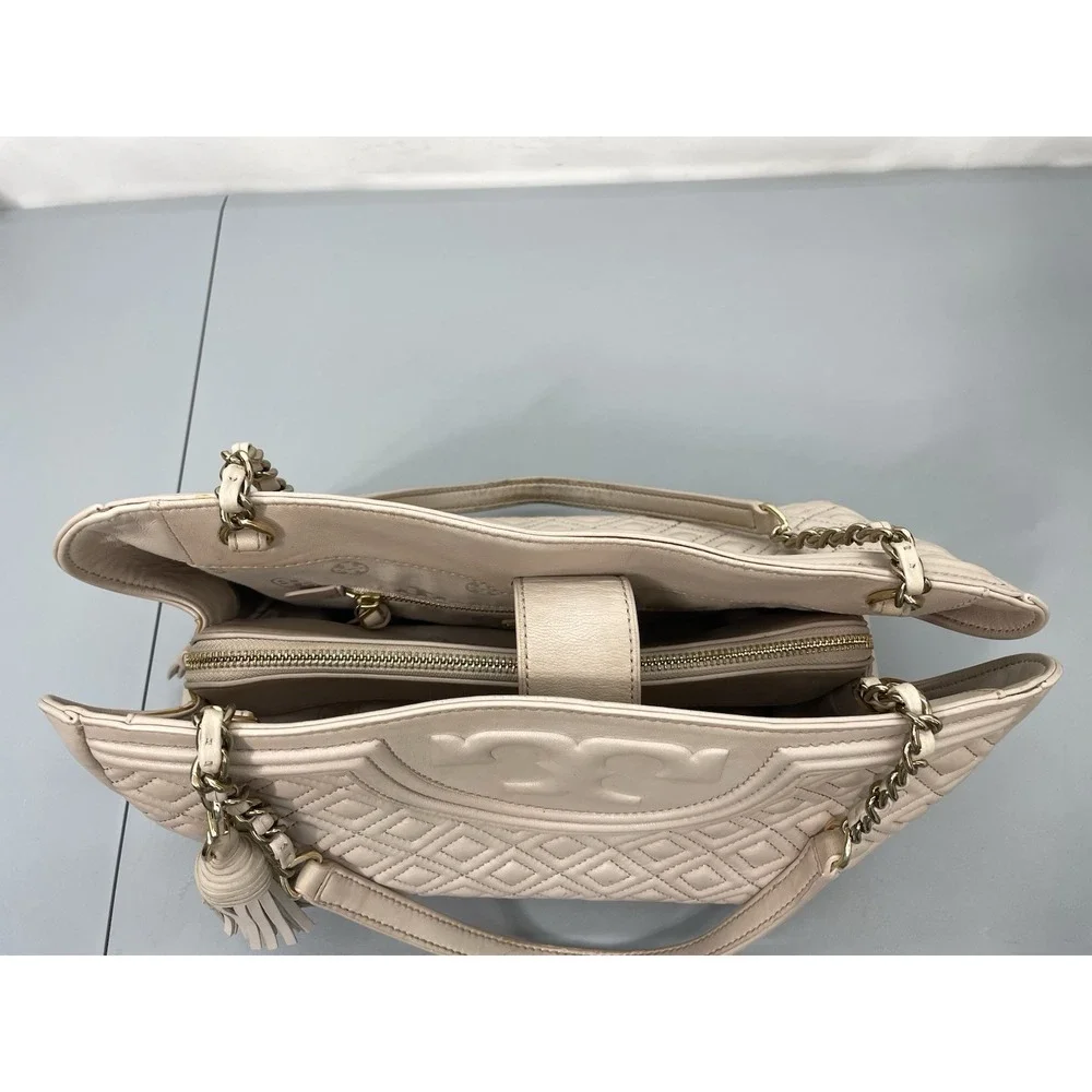 Tory Burch Fleming Open Shoulder Bag Purse Beige Nude Large Soft Leather